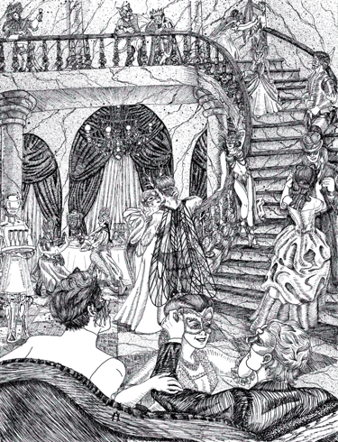 black and white pen and ink illustration Steampunk Victorian masquerade dance party narrative character