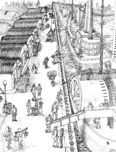 black and white pen and ink illustration steampunk shipyard inspired by historical Victorian photograph