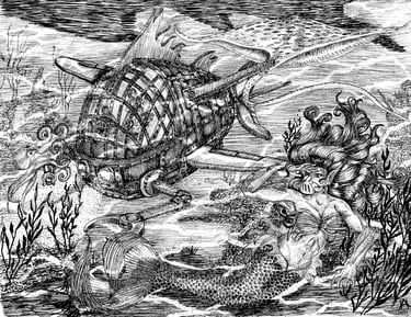 black and white pen and ink illustration steampunk submersible underwater marine mermaid roleplay narrative illustration