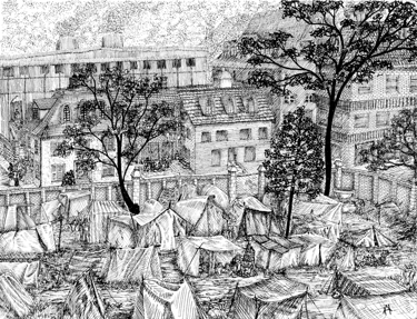 black and white pen and ink illustration steampunk tabletop roleplaying tent city slum based on historical Victorian photo