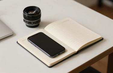 A clean, minimalist workspace with a single smartphone and a notebook on an off-white table, representing financial organization and simplicity in a South Asian setting.