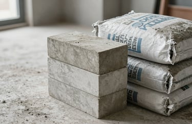 Close-up of high-quality construction materials like premium bricks and cement bags on a clean Turkish building site, soft natural lighting, professional minimalist style.