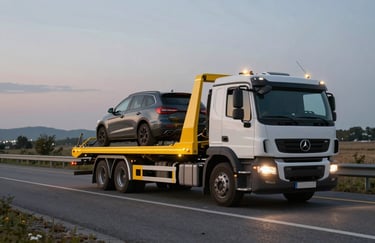 A professional roadside assistance truck with yellow lighting, towing a vehicle safely on a Turkish highway, dusk lighting, high resolution, modern look.