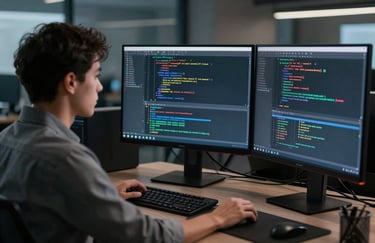 A side view of a professional developer looking at three high-resolution monitors displaying complex lines of code and data models in a dark, futuristic North American tech office.