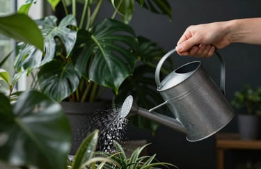 A professional shot of various lush green house plants being watered with a matte metal watering can. Serene and careful composition with deep charcoal and crisp parchment accents.