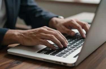 A close-up of hands typing on a modern laptop in a professional South American / Brazilian setting, emphasizing technology and efficiency.