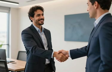 Two professionals shaking hands in a bright, modern South American / Brazilian office, with soft off-white walls and slate blue decor.