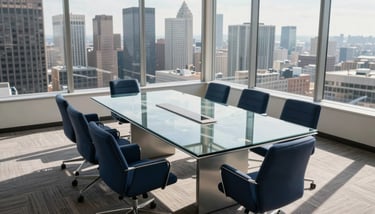 A close-up of a professional in business attire reviewing financial documents on a sleek marble desk in a North American office, soft focus on deep navy blue accents.