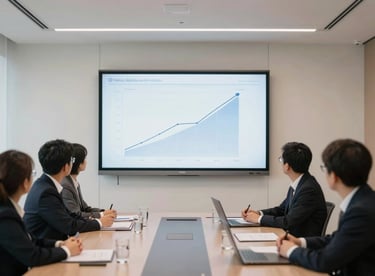 A professional meeting room with a large screen displaying subtle growth trends, framed by clean lines and a crisp off-white interior.