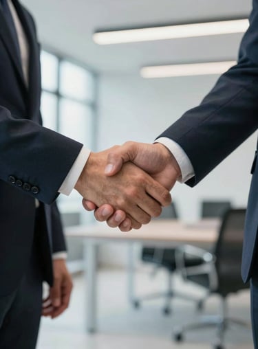 A detailed shot of a handshake between two professionals in a bright, modern office, symbolizing trust and successful partnership.