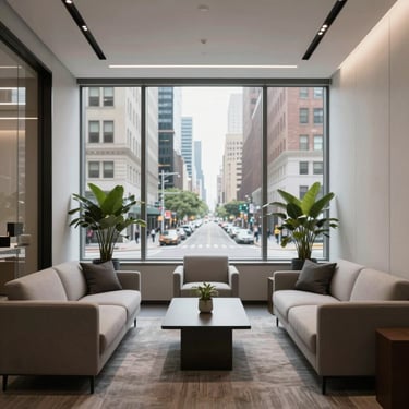 A sophisticated office lobby with minimalist furniture and a large window showing a bustling North American city street, bright and professional lighting.