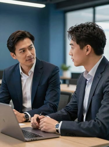 Two professionals in smart business attire having a focused, approachable discussion in a modern workspace, with medium steel blue decor.