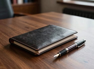 A minimalist, high-end leather portfolio and a premium fountain pen on a polished wood table in a well-lit boardroom.