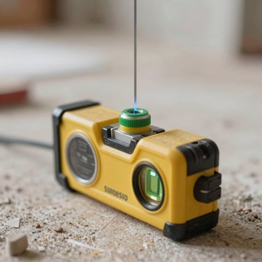 Close-up of professional measuring tools and a laser level being used on a construction site for interior decoration, precise workmanship.