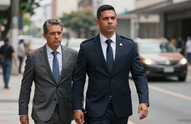 A medium shot of a professional security specialist in a dark navy suit providing discreet escort to an executive in a South American / Brazilian urban street, focus on professional posture.