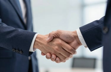 A close up of business partners shaking hands, conveying trust and dependability in office support, colors #1F2A38 and #9FB8CC.