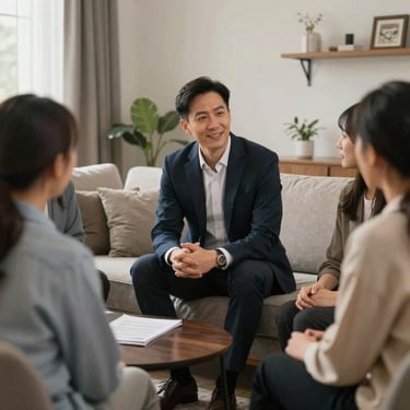 A candid shot of a consultant in professional attire speaking warmly to a group of residents in a well-lit North American living room during a session.