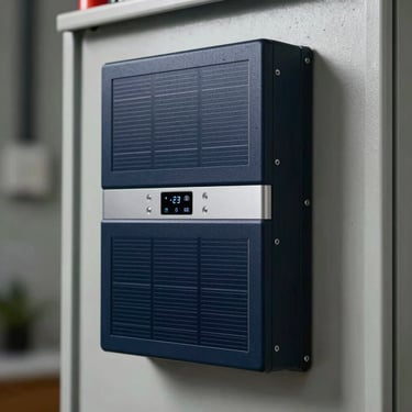 Close-up of a high-tech smart electrical panel and solar inverter in a modern utility room, professional tech style, deep navy and silver tones.