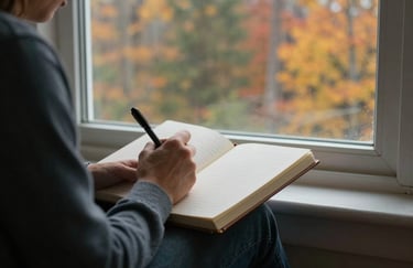 A person writing in a journal by a window with a view of North American autumn trees, soft indoor lighting, expressing a positive mindset and peacefulness.