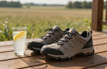 A pair of comfortable walking shoes and a glass of lemon water on a wooden deck overlooking a North American meadow, warm afternoon light, professional photography.