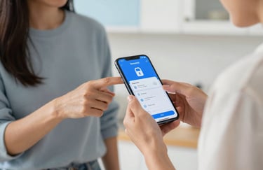 A pair of parents setting up parental controls on a smartphone in a bright North American / US kitchen, emphasizing security. Soft sky blue accents in the background.