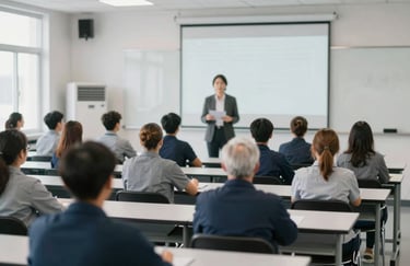 A diverse group of factory workers attending a safety training seminar led by an expert instructor in a clean, well-lit classroom.