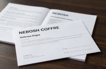 A close-up shot of a NEBOSH certificate and an official safety logbook resting on a dark wood desk. Lighting is focused and premium, conveying expertise.