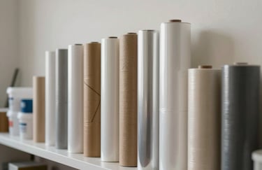 A collection of high-quality industrial packaging materials including specialized films and containers, arranged neatly in a bright, modern storage space with soft off-white walls.
