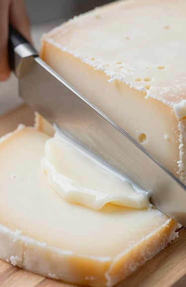 Macro shot of Queso Lay being sliced with a professional knife, highlighting its creamy consistency and white color.