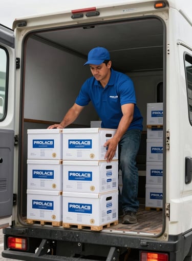 A professional delivery person loading crates of PROLACB products into a clean truck at a Latin American distribution center.
