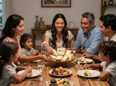A happy Latin American family sitting around a dinner table, sharing a platter of various PROLACB cheeses.