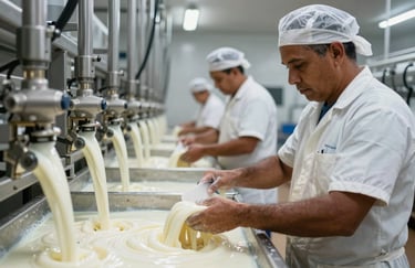 Artisans working in a modern, sterile dairy facility in Latin America, focusing on the quality control of fresh milk.