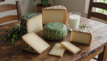 A slice of Queso Arenoso showing its unique texture, with forest green herbs scattered around it on a soft cream plate.