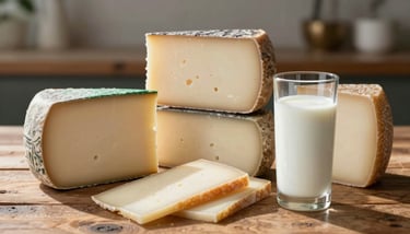 A close-up of Queso Manteco on a rustic wooden board, styled with vibrant red grapes in a Latin American kitchen.