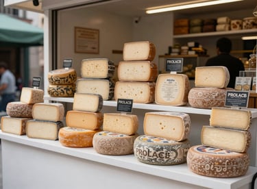 An outdoor market stall in a Latin American city showcasing the full range of PROLACB cheeses in a clean, modern display.