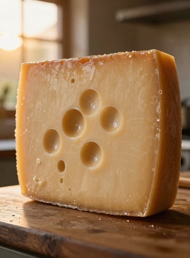 A sophisticated close-up of Queso Suizo with its characteristic holes, bathed in warm sunset light in a traditional kitchen.