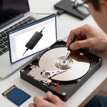 Technician carefully recovering data from a damaged hard disk in a clean workspace.