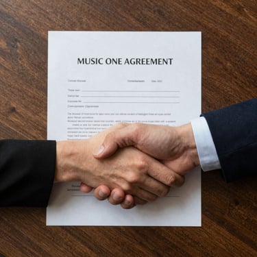 A close-up of hands carefully arranging sheet music on a wooden desk.