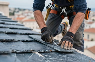 A professional roofer in safety gear working on a roof structure in Marseille, precise movements, daytime, focus on hands and materials, slate blue tones.
