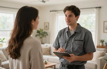 A professional technician in a clean uniform talking to a homeowner in a bright North American / US living room. The scene is warm and reassuring, with soft natural light and muted sand colors.