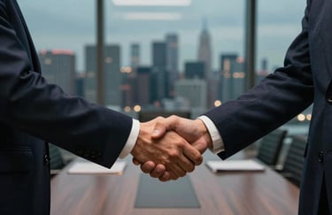 A close-up shot of two professionals shaking hands in a boardroom, with a blurred backdrop of a city skyline at dusk in dark navy and muted teal.