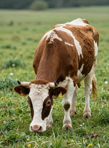 A healthy dairy cow grazing in a lush green pasture, reflecting animal well-being and reliability, with #B4C6AD tones.