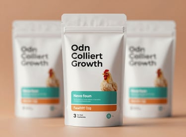 Professional packaging for poultry growth supplements, featuring clean typography and a modern design aesthetic.