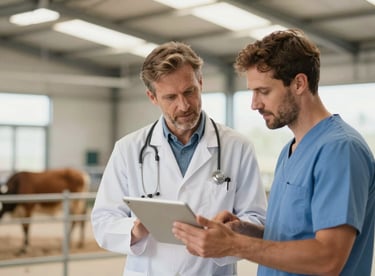 A veterinarian and a farmer discussing product info on a tablet in a bright, modern barn, emphasizing partnership and trust.