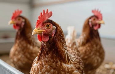Close-up of healthy, bright-eyed poultry in a clean, modern farm setting, symbolizing the effectiveness of supplements.