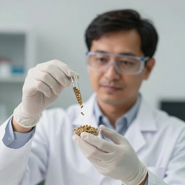 A scientist in a lab coat holding a sample of feed supplement granules, emphasizing the scientific approach of Ramya Vet Solutions.