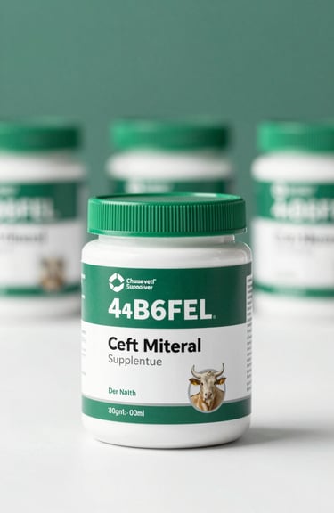 A sleek, professional product container for cattle mineral supplements, centered on a clean white surface with #4B6F63 accents.