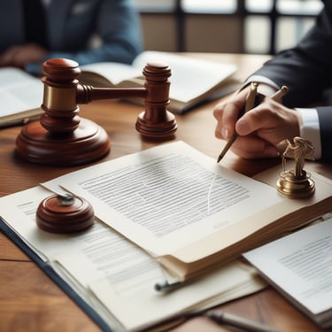 A professional lawyer consulting with a client in a modern office setting.