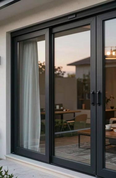 Close-up of a high-quality black aluminum sliding glass system installed in a Turkish villa.