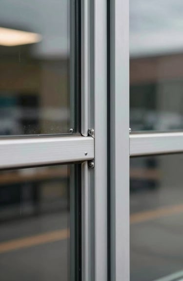 Detailed shot of high-grade glass sealant and aluminum joints in a commercial storefront.